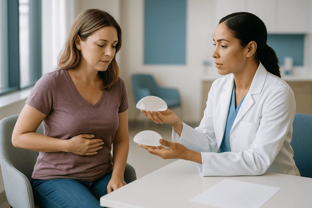 Doctor consulting patient about breast implants or augmentation: How much volume can fat transfer add compared with implants