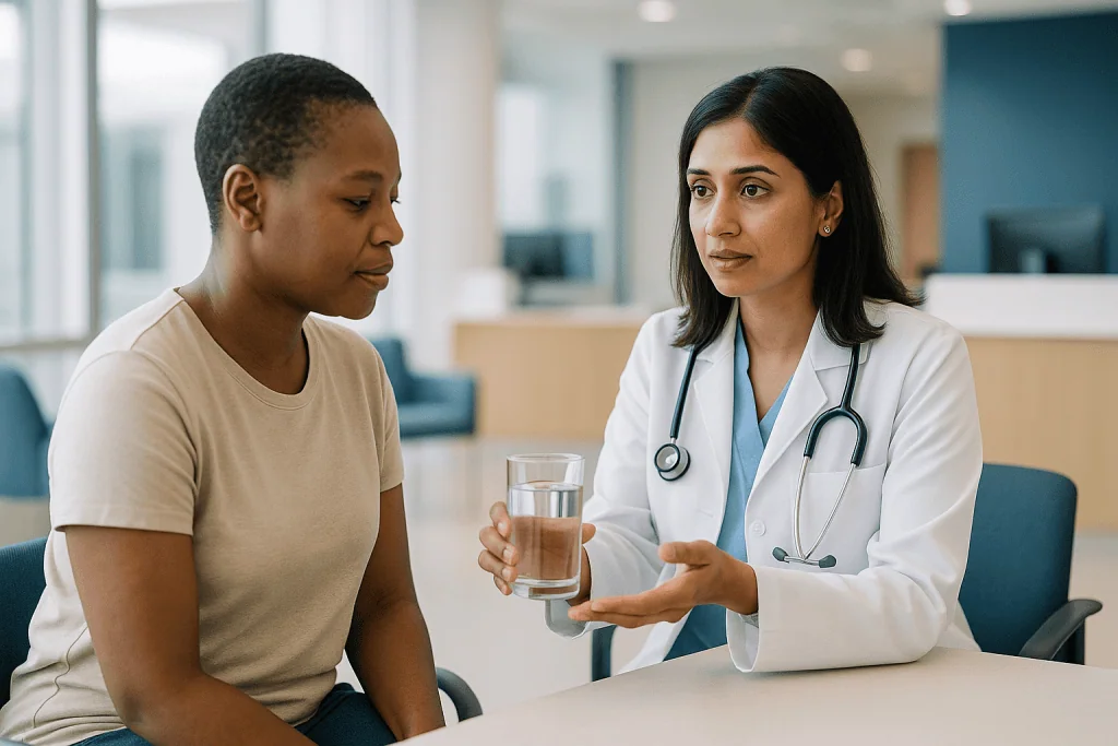 Doctor consulting patient, offering glass of water — How Much Water Should You Drink a Day, According to the Evidence?