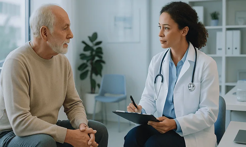 Doctor consulting with an elderly male patient in a medical office.