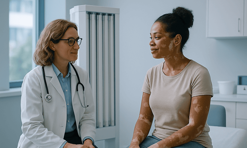 Doctor consulting with a patient with vitiligo in a clinical setting.