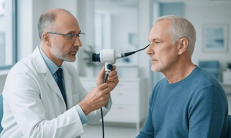 ENT specialist examines patient's ear with otoscope in clinic setting.