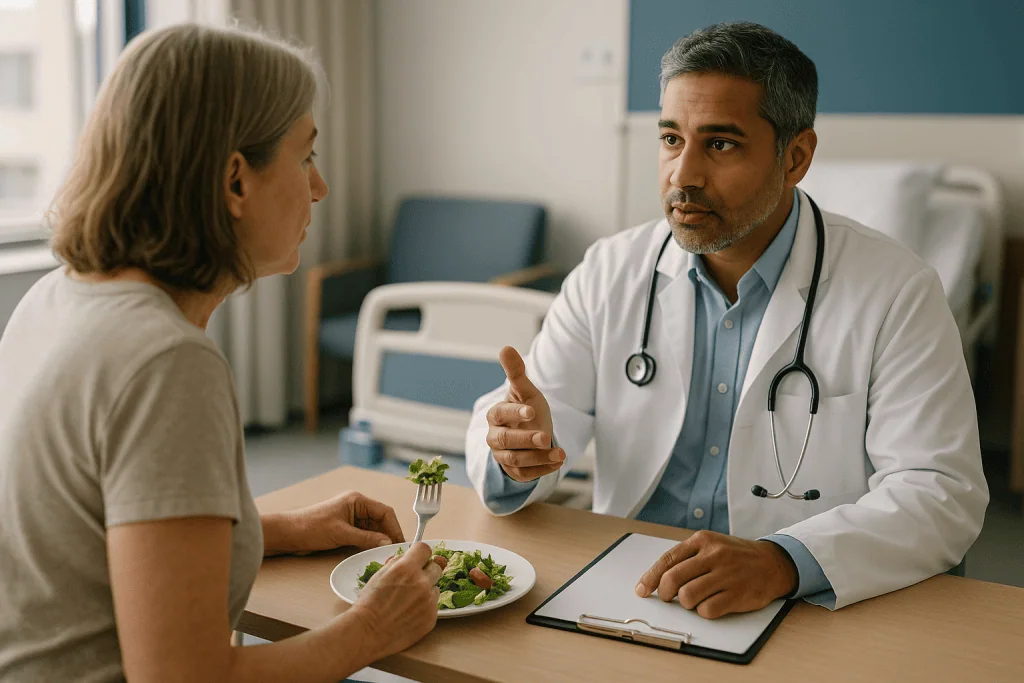 Doctor discussing nutrition with patient eating salad: How neuromodulation actually works, in plain language