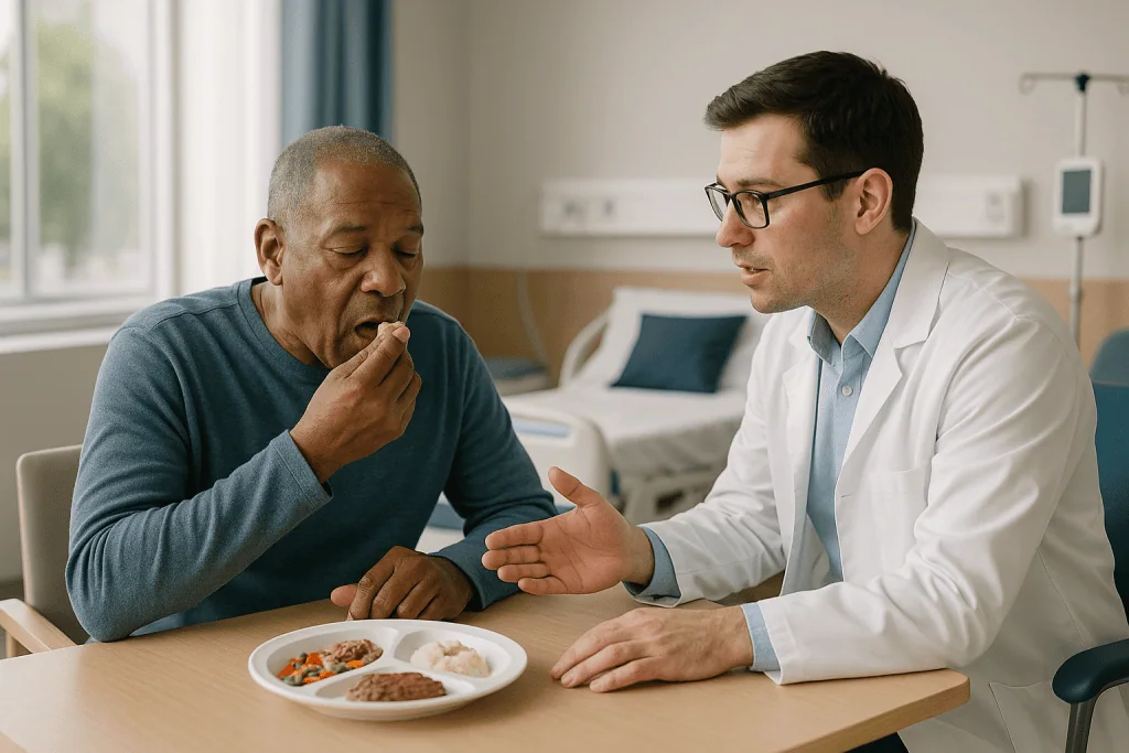 Doctor consulting patient about food plate: How neurorehabilitation actually works: neuroplasticity and repetition