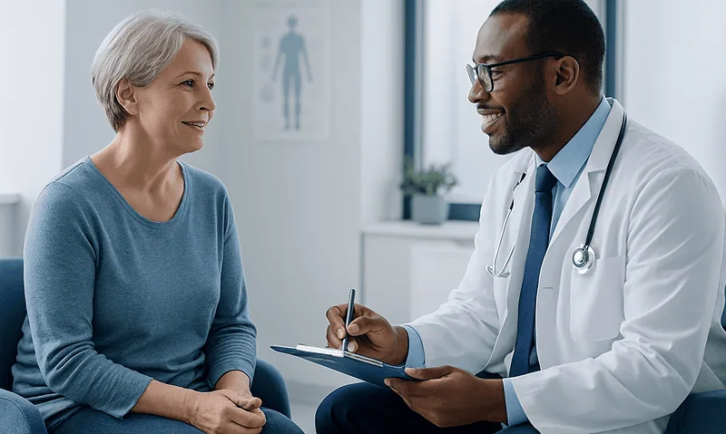 Doctor consulting with an elderly female patient in a medical office.