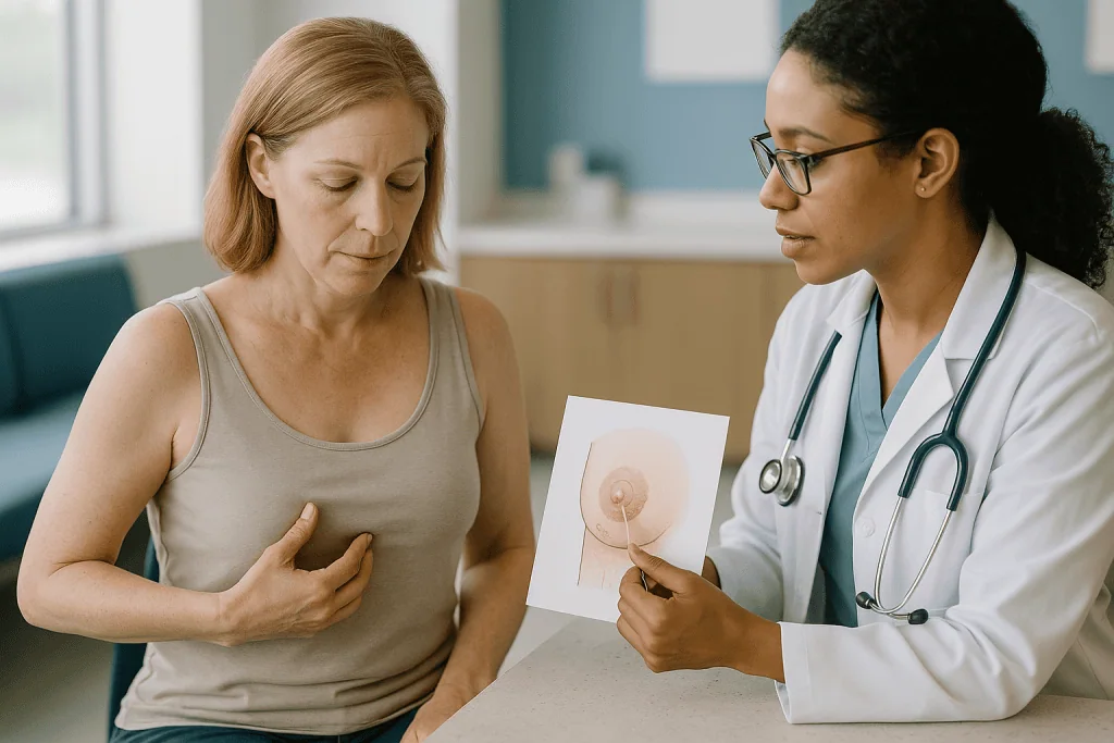 Doctor consulting patient about breast health diagram: How nipple reconstruction surgery works, step by step