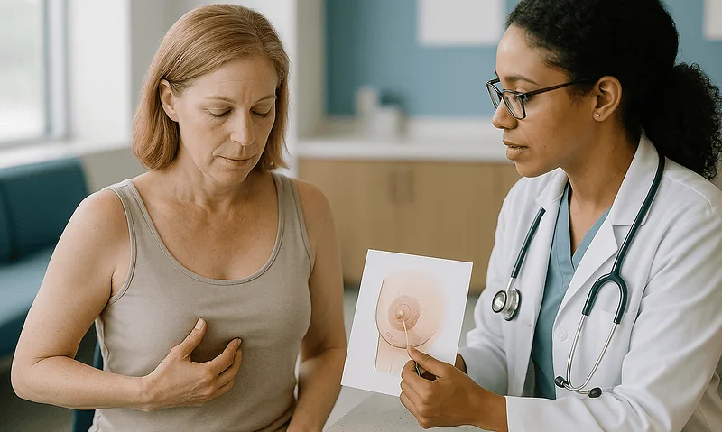 Doctor explains nipple reconstruction options to a patient in a clinic setting.