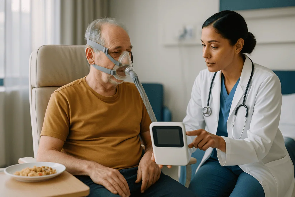 Doctor showing portable medical device to elderly patient: How non-invasive ventilation for ALS actually works
