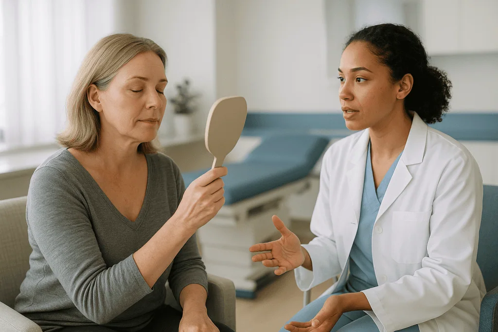 Doctor consulting patient about cosmetic procedure expectations: How non-surgical procedures work: relax, fill, resurface, r