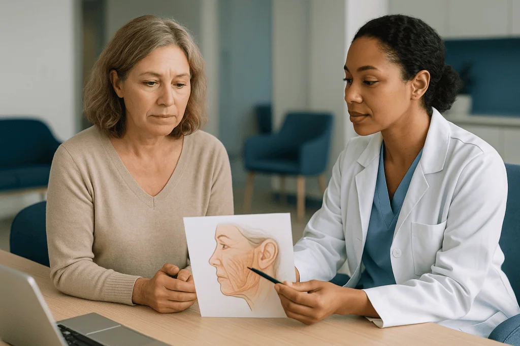 Doctor consulting with older female patient about facial aging: How non-surgical treatments work under the skin