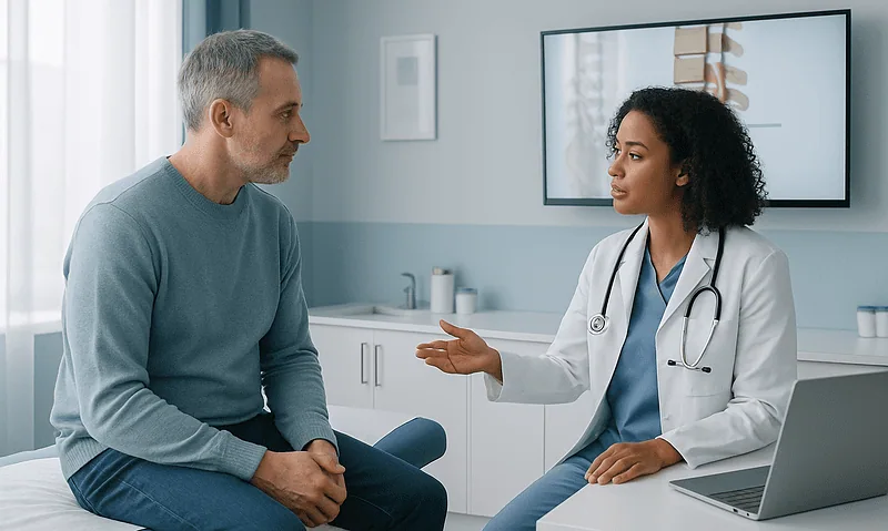 Doctor consulting with a patient in a medical office setting.