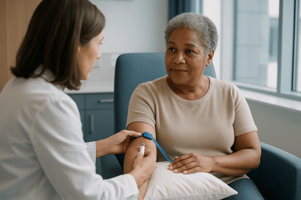 Healthcare provider checking patient's arm with pulse oximeter: How often are thyroid blood tests done when you live with Gr