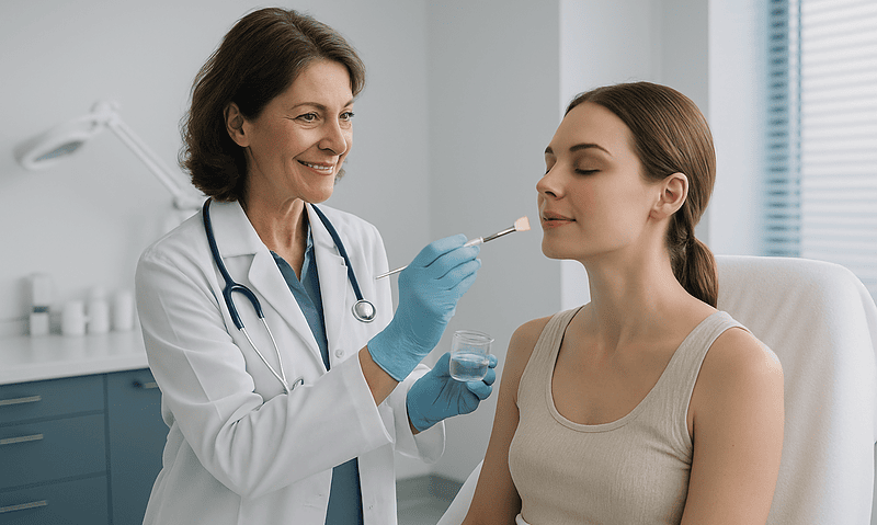 Dermatologist applying a chemical peel to a young woman's face in a clinic.