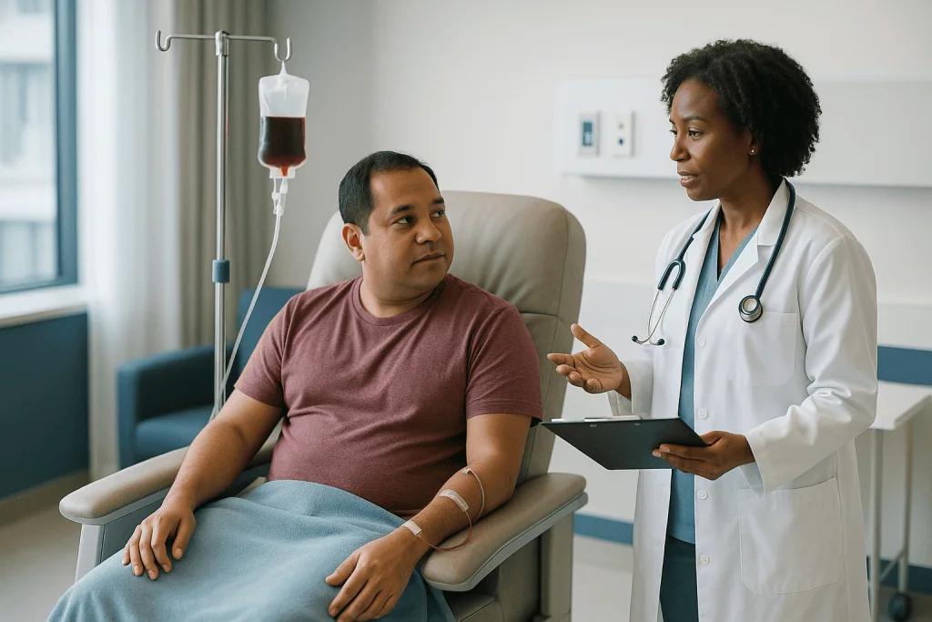 Doctor consulting patient receiving IV blood transfusion: How often do thalassemia patients need a transfusion?