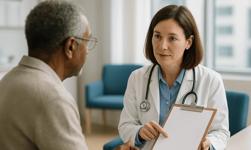 Doctor consulting with patient about glaucoma treatment plan.