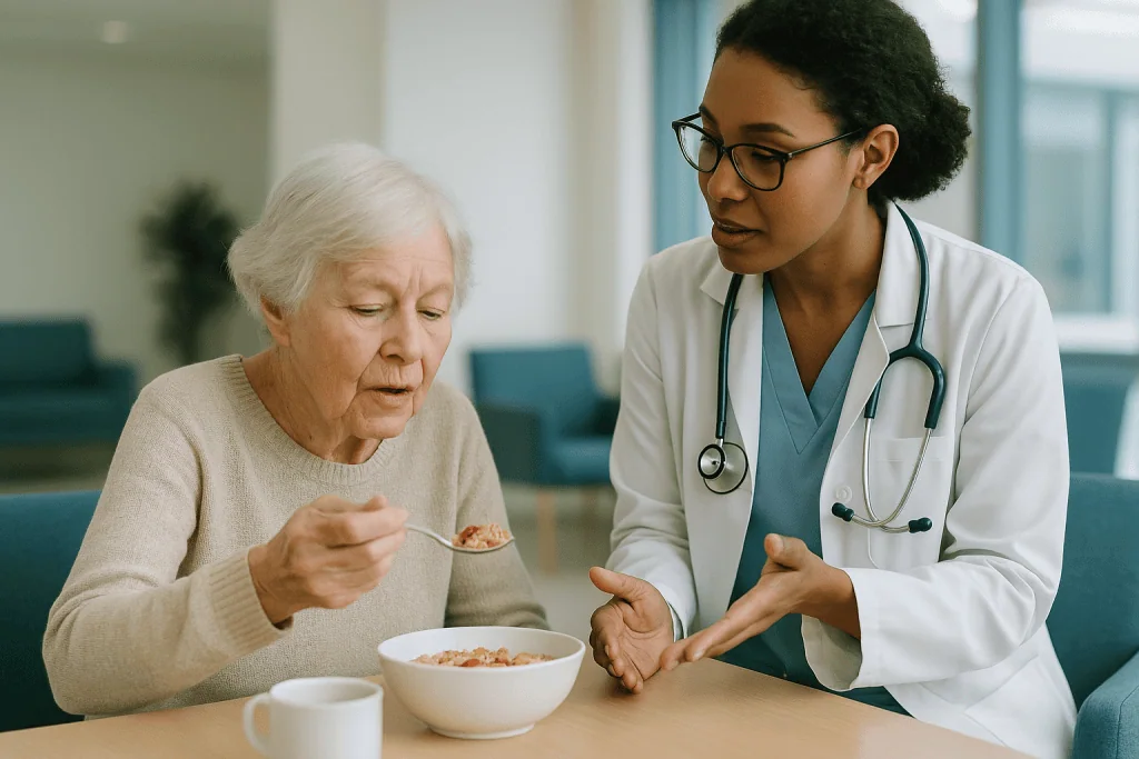 Doctor consulting elderly patient during meal assessment — How often does MCI progress to dementia, and how often it doesn't