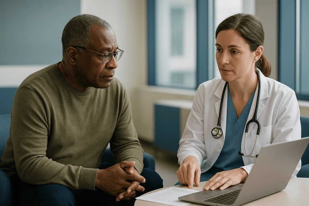 Doctor consulting patient at laptop in clinical setting: How often is chronic kidney disease actually hereditary?