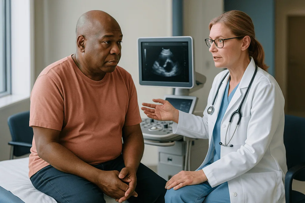 Doctor consulting patient about cardiac ultrasound results: How often is the heart scanned during cardiac amyloidosis monito
