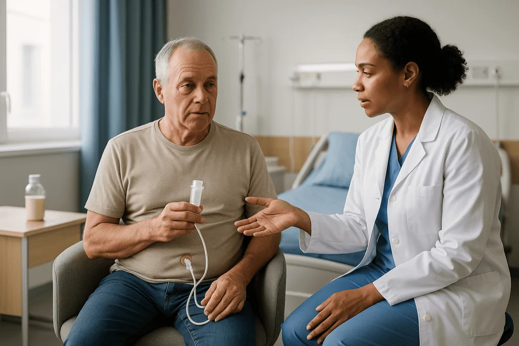 Doctor consulting with male patient holding medical device: How often should a PEG tube be changed?