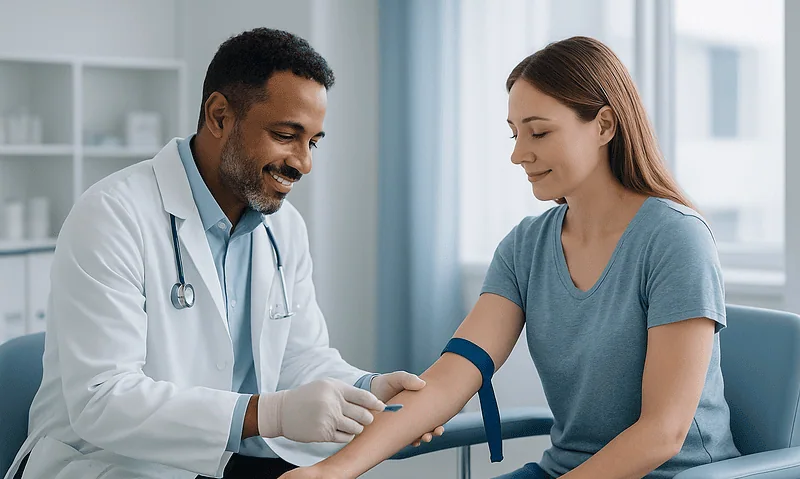 Doctor taking blood sample from a patient in a clinical setting.
