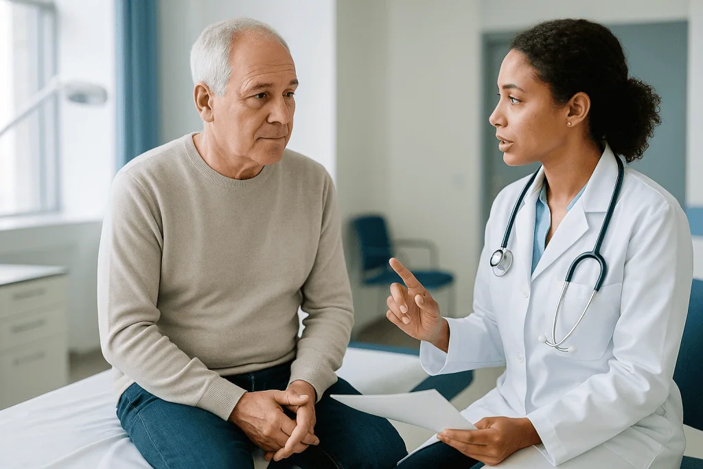 Doctor consulting with senior male patient in clinical office: How often should you have a cystoscopy after bladder cancer? 