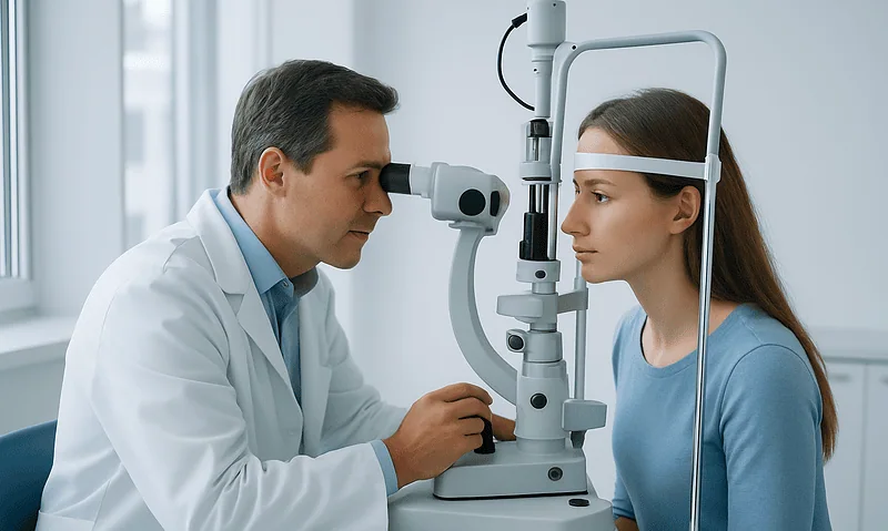 Optometrist examining young woman's eyes with slit lamp in clinic.