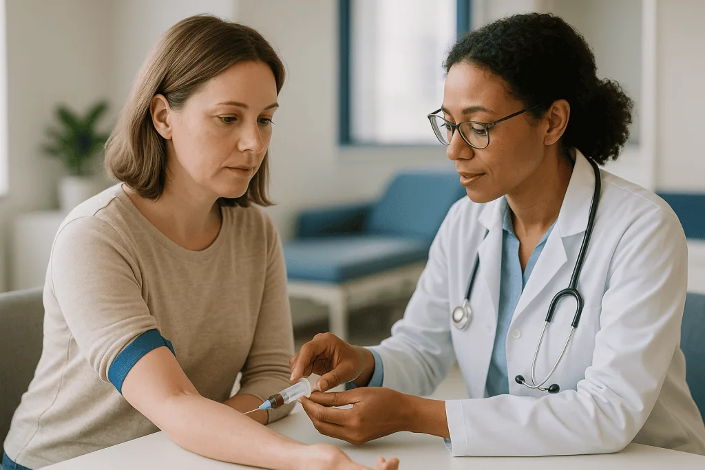 Doctor performing blood test on adult patient: How often will I need blood tests on antithyroid medicine?