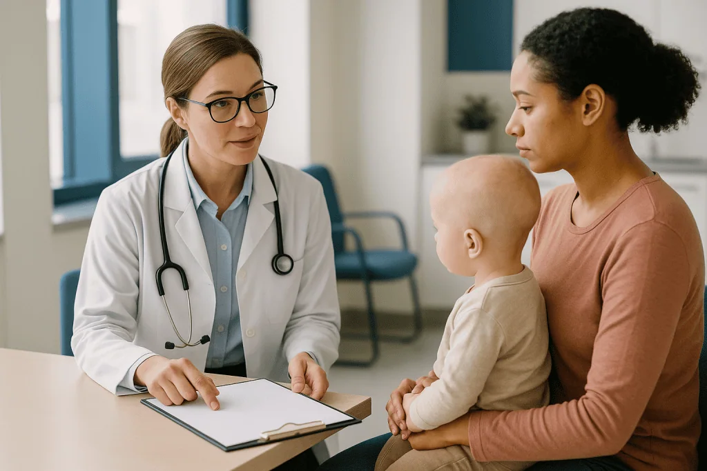 Doctor consulting with mother and infant child: How often will my child be seen? A typical long term follow up hydrocephalus