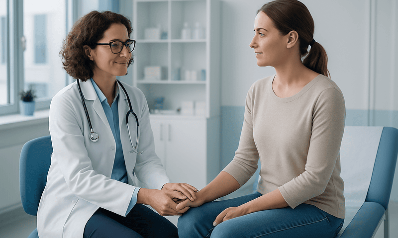 Doctor consulting with a patient in a modern medical office.