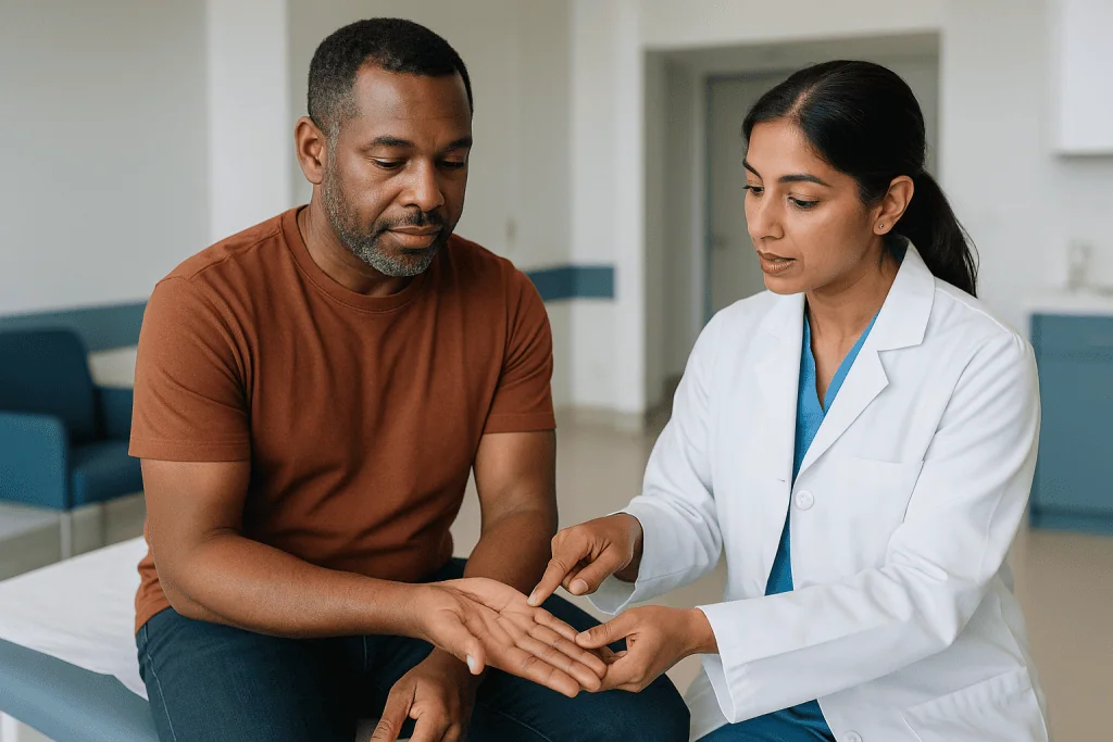 Doctor examining patient's hand in clinic consultation — How open carpal tunnel release works, step by step