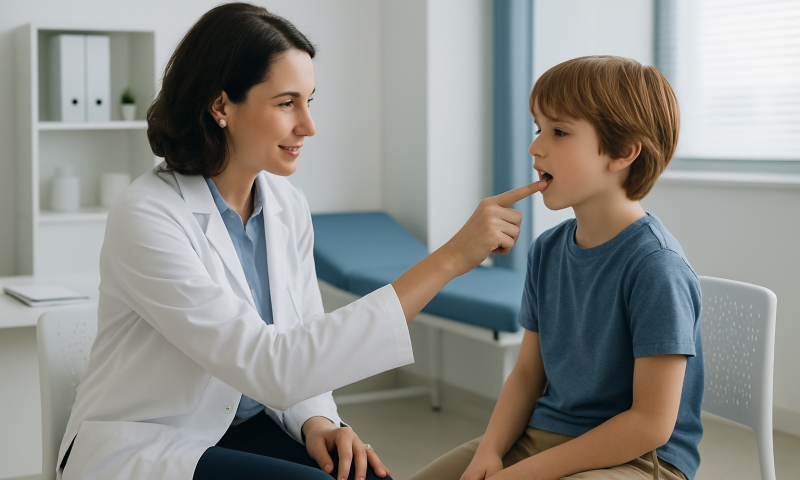 Pediatric speech therapist examining child's mouth for orofacial issues.