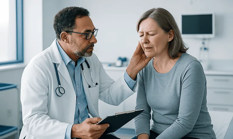 Doctor examining a woman with facial pain in a clinical setting.