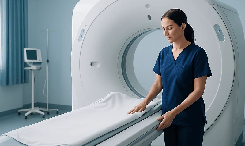 Female healthcare professional prepares MRI scan in a modern hospital setting.