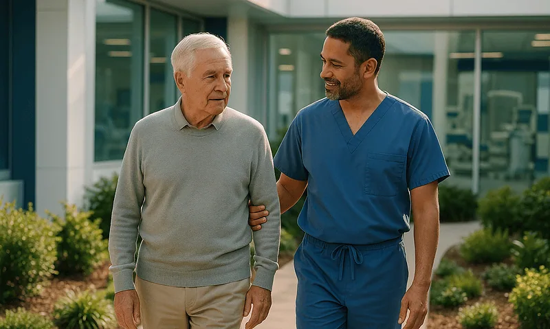 Healthcare professional assisting elderly patient outside hospital.