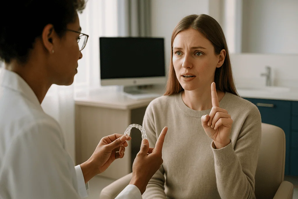 Doctor showing clear aligner tray to female patient: How painful are clear aligners on a scale of 1 to 10?