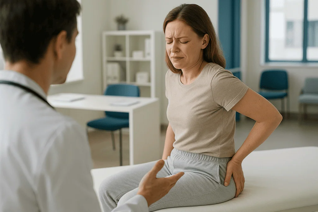 Patient consulting doctor about lower back pain: How painful is a buttock lift?