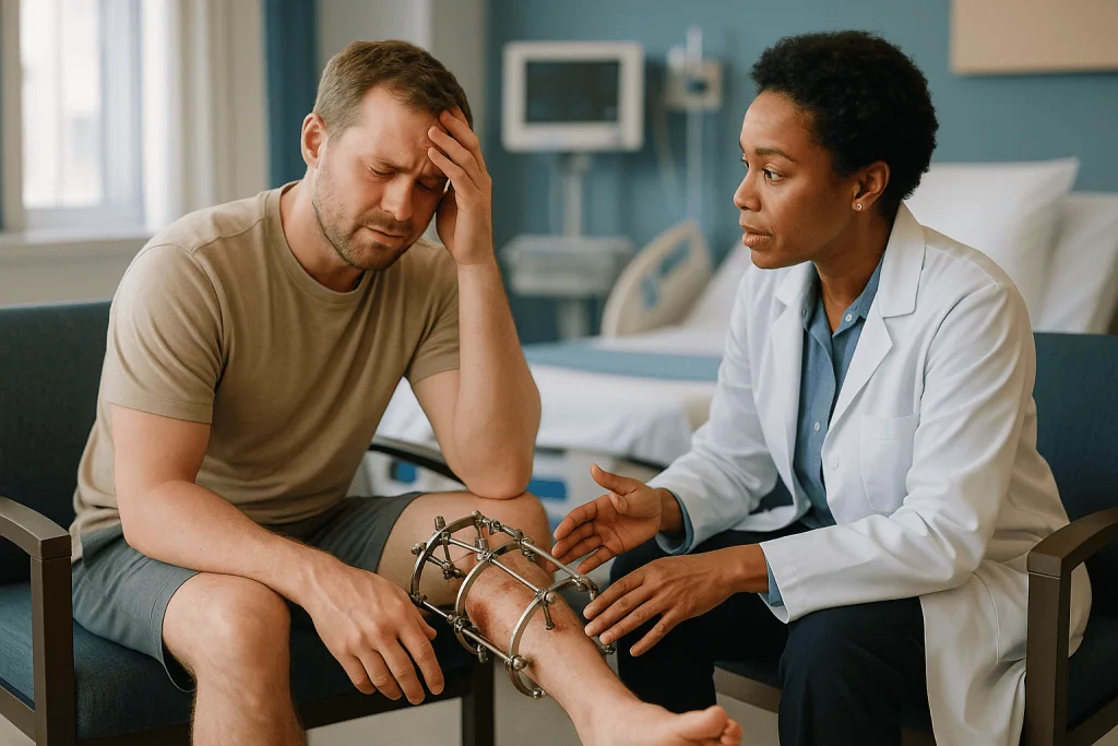 Doctor examining patient's leg with external fixator device: How painful is an external fixator?