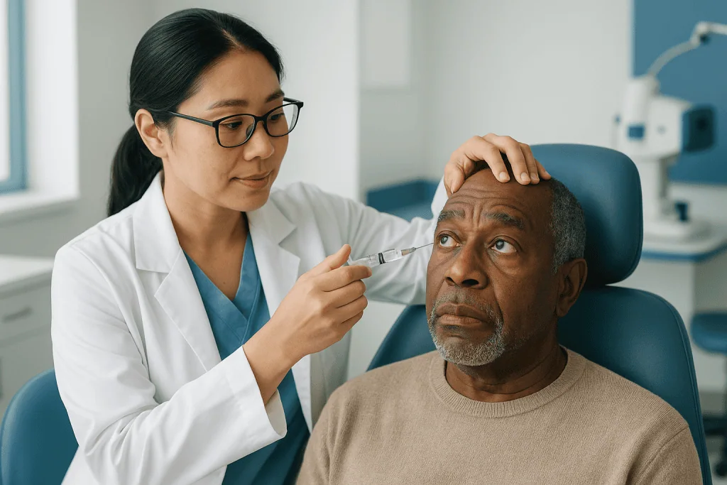 Doctor administering injection to patient's forehead: How painful is an eye injection, honestly?