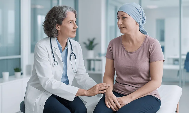 Doctor consulting with a patient in a hospital setting.