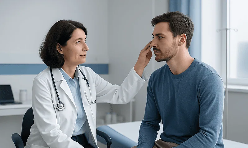 ENT specialist examines patient's nose during consultation at Acibadem Hospital.