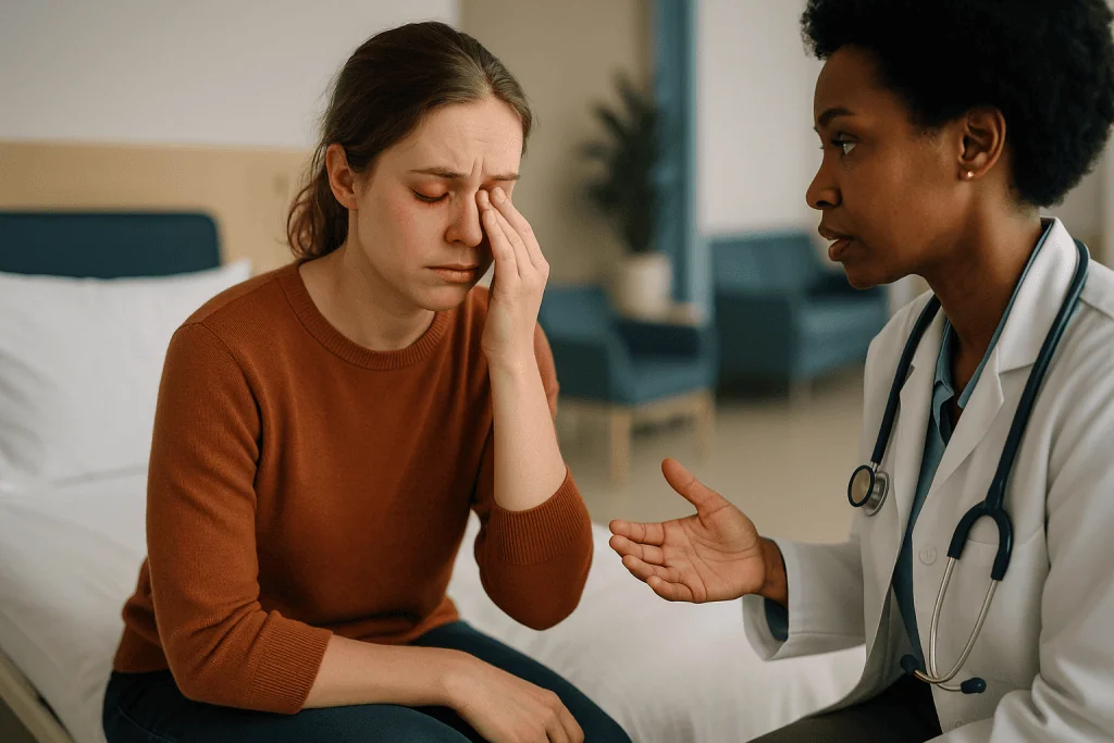 Doctor consulting with patient about eye or health concern: How painful is strabismus surgery? What strabismus surgery pain 
