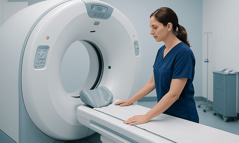 Female healthcare professional prepares MRI scan in a modern hospital setting.