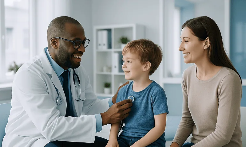 Pediatric cardiology consultation with a doctor, child, and mother in a hospital.