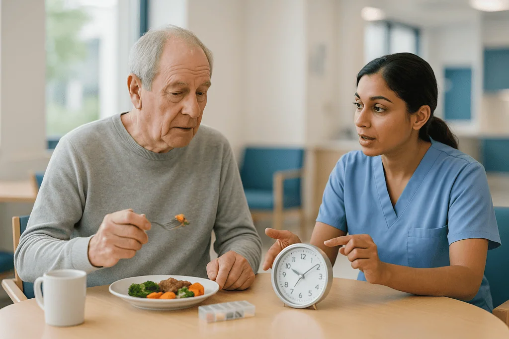 Healthcare worker discussing medication timing with elderly patient: How Parkinson's medicines actually work, and why the cl