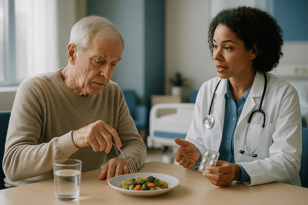 Doctor consulting elderly patient about medication and diet: How Parkinson's medicines work, and why their effect changes ov