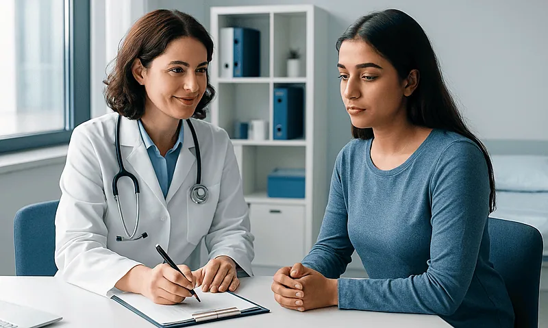 Doctor consulting with a patient in a medical office.