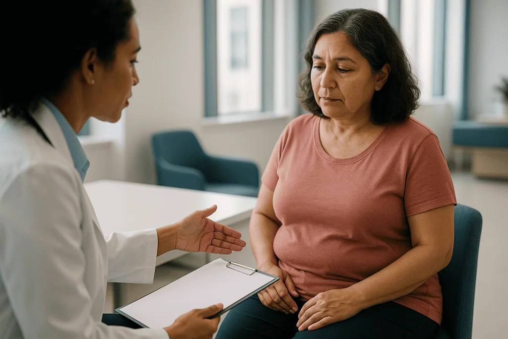 Healthcare provider consulting with middle-aged female patient: How PCOS affects the body across the twenties, thirties and