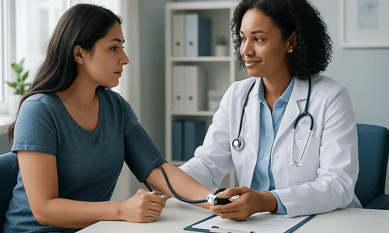 Doctor measuring patient's blood pressure in a medical consultation.