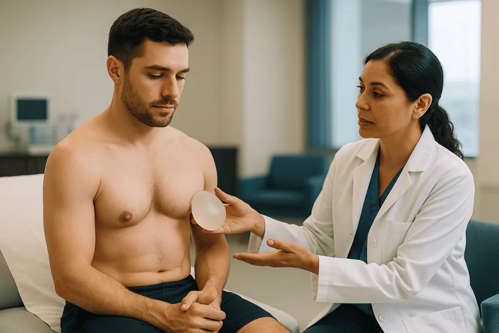 Doctor consulting male patient about chest implants: How pectoral implant surgery works, step by step