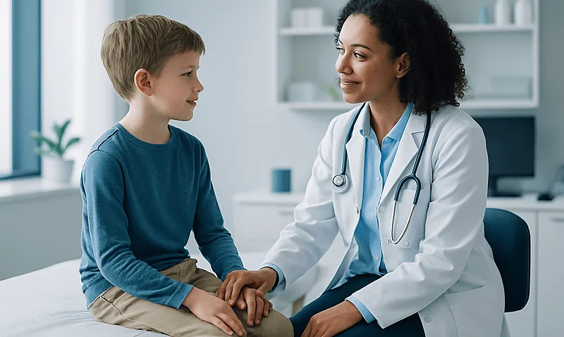 Pediatric doctor consulting with young patient in a medical office.