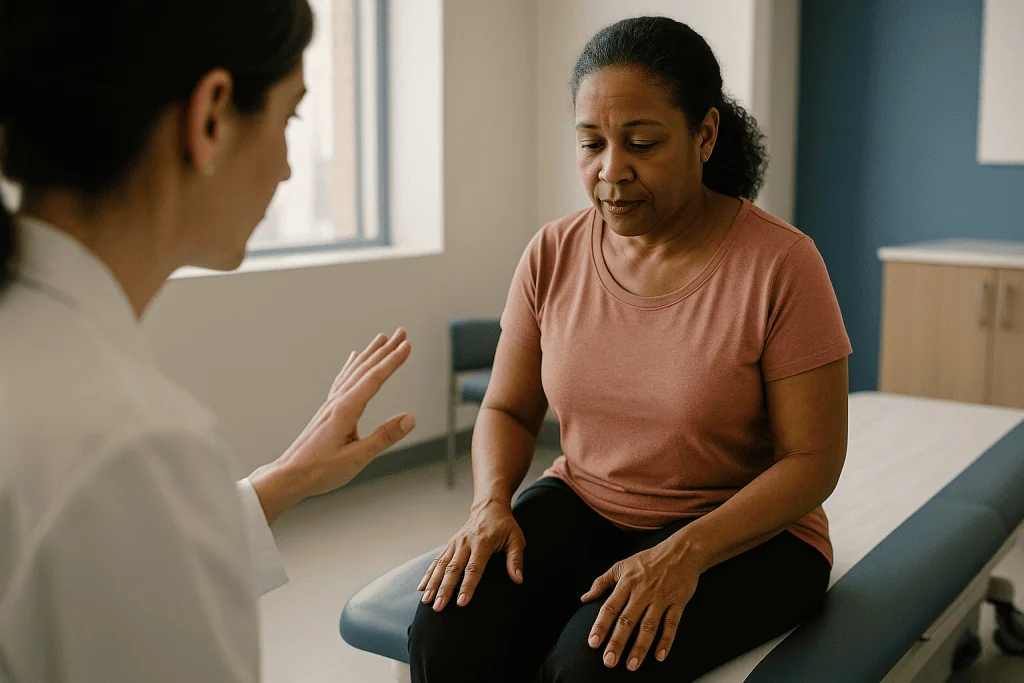 Healthcare provider consulting with adult female patient: How pelvic floor exercises for stress incontinence actually work